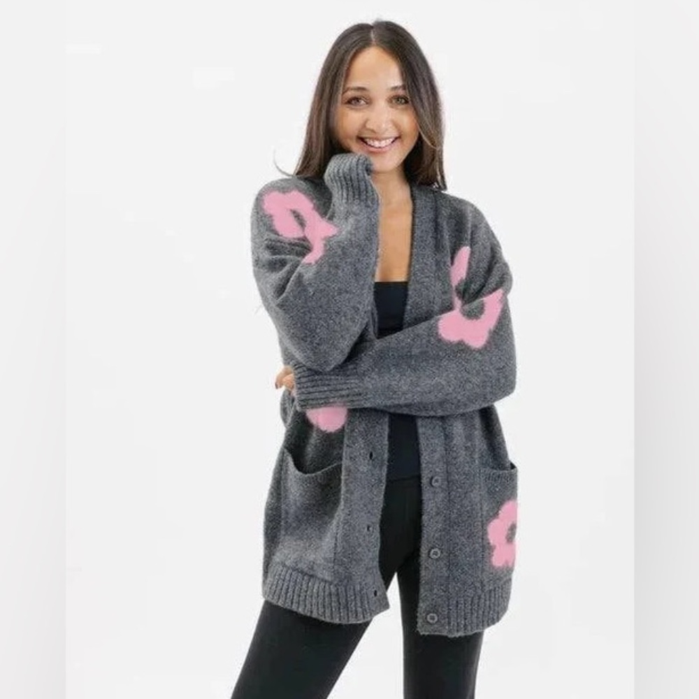 Smash + Tess Charcoal Flora Knit Cardigan with Pink Floral XS/S